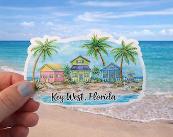 Klistermärke med stuga i Key West | Vinylsouvenir med tropisk strandmotiv