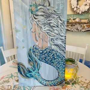 Mermaid painting on old wood in navy and aqua ombré!!