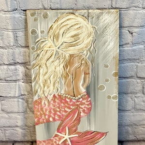 Pink mermaid on wood!! Original painting.
