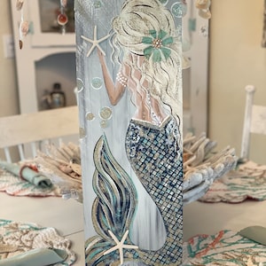 Mermaid original painting on wood in Navy and Aqua.