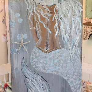 Original  white tailed mermaid painting on wood!!