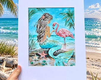 Mermaid & Flamingo Coastal Art Print – Tropical Beach Decor (Matted)
