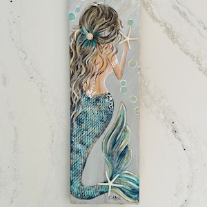 Mermaid original painting on wood in Navy and aqua.