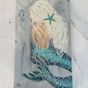 Mermaid painting on old wood in navy and aqua ombré!!