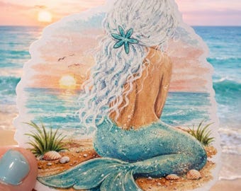 Sticker sirène côtière - oeuvre d'art océanique originale, design plage de corail aqua