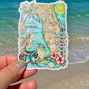 Può includere: Un adesivo a tema Florida con una mappa della Florida, una sirena ed elementi tropicali. L'adesivo include testo come "New Adventures in Florida" ed elenca attività come tramonti, caccia alle conchiglie e vita da sirena.