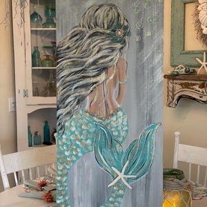 Mermaid Painting in Aqua on wood
