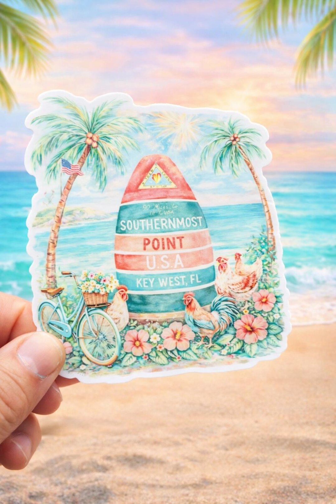 Key Point Stickers Key West Southernmost Point Sticker | Tropical Chicken Bicycle Beach ...