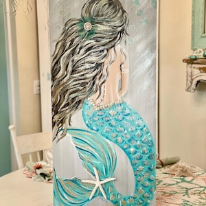 Mermaid Painting in Aqua on wood