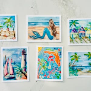 Cartes de correspondance assorties côtières, Noël à la plage, phare et voilier, maison de plage, tout la Floride et la sirène !