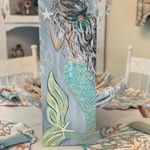 Mermaid original painting on wood in Aqua
