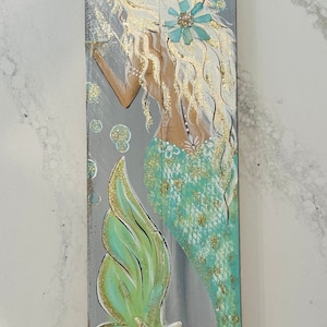 Mermaid original painting on wood in Aqua