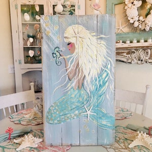 Mermaid in aqua with Seahorse on wood