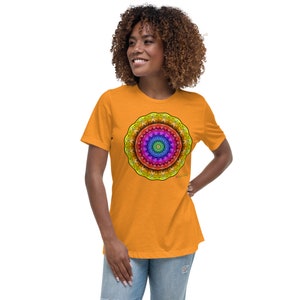 New Colors! Women&#39;s Relaxed T-Shirt, Rainbow Mandala.