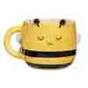 May include: A yellow ceramic mug shaped like a bee with black stripes and closed eyes. The mug has a handle on the side.