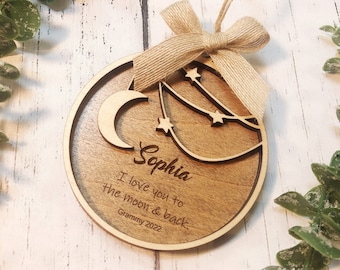 Moon & Stars Wood Personalized  Ornament / Memorial Ornament / First Christmas Ornament / Baby's 1st Ornament/ Love You to the Moon