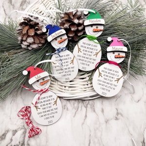 May include: Wooden snowman Christmas ornaments with colorful hats and scarves. Each ornament has a name and the text "This scarf is very special because it is as big as me, I take it out each year and see that I am not as little as I used to be 2023."