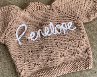 0-3 Month Personalized Hand Knitted Baby Cardigan With Name Embroidery. Perfect Present With Gift Wrapping Options Available