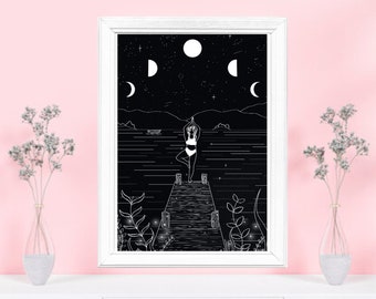 Yoga Art Print, Wild Swimming Print, Meditation Art, Female Empowerment, Strong women, Gifts for Her, Spiritual Art Print, Moon Phases Print