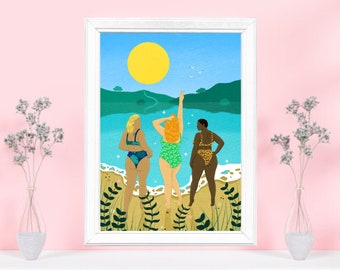 Wild Swimming Print, Body Positive Art, Feminist Print, Swimming Gifts For Women, Birthday Gifts for Her, Friendship Art Print