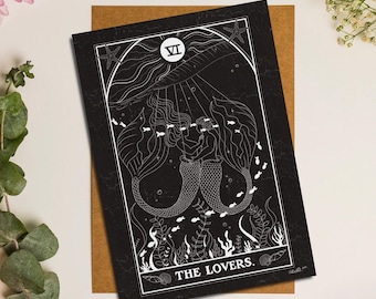 Tarjeta de felicitación para amantes, carta del tarot de la sirena, tarjeta de aniversario, regalos para amantes, arte de sirena, impresión mágica, regalos de brujas, tarjeta de boda