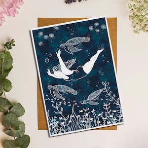 Carte de voeux natation sauvage, impression d'art natation, carte d'anniversaire pour amis, carte de voeux tortue de mer, art nageur, impression d'art océan