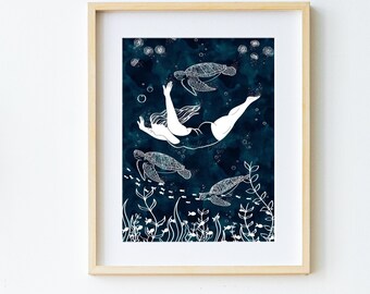 Wilde zwemprint, cadeaus voor zwemmers, oceaankunstprint, zeeschildpadkunst, zwemcadeaus voor vrouwen, verjaardagscadeaus voor haar