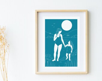 Mum and Daughter Print, Mothers Day Gifts, Birthday Gift for Mum, Mother and Child Print, Wild Swimming Print, Wild Women Art