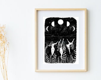 Witchy Art Print, Dancing Print, Wild Women Art, Moon Phase Print, Solstice Decor, Friendship Art Print, Sisterhood Art, Gifts For Witches