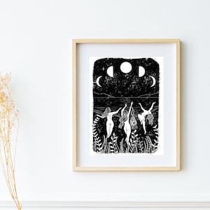 Witchy Art Print, Dancing Print, Wild Women Art, Moon Phase Print, Solstice Decor, Friendship Art Print, Sisterhood Art, Gifts For Witches