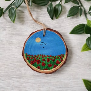 Poppy Field Painting on Wood Slice: Wildflower Art, Remembrance Gift