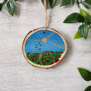 Poppy Field Painting on Wood Slice: Wildflower Wall Art