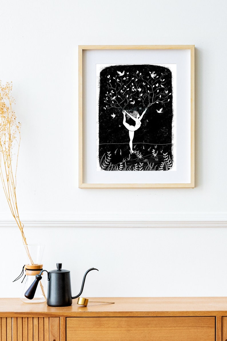 Lino style yoga Art print. Lady in Natarajasana (dancer pose) with tree branches growing from her hands. Surrounded by plats and birds.