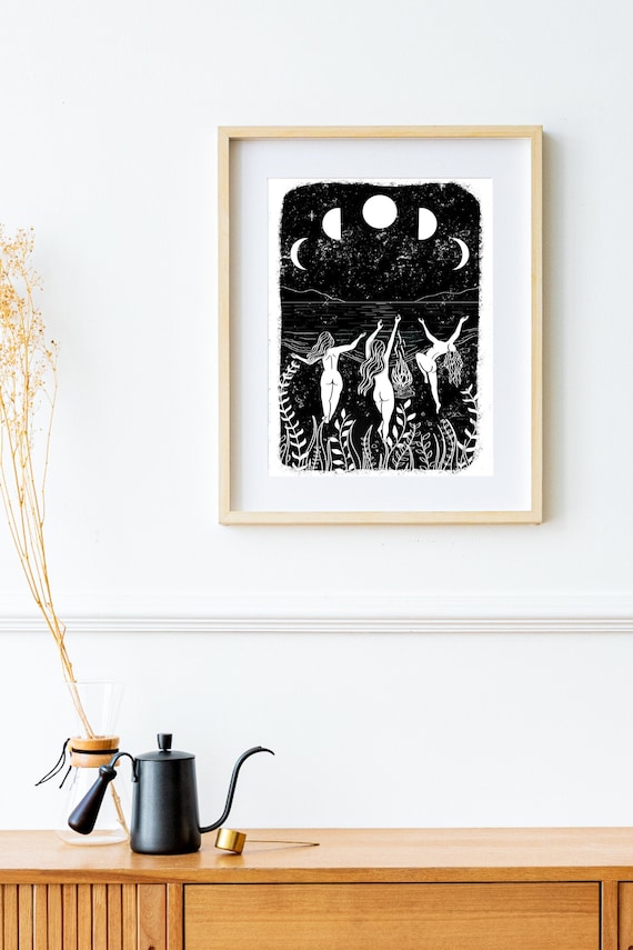 Witchy Art Print, Dancing Print, Wild Women Art, Moon Phase Print, Solstice Decor, Friendship Art Print, Sisterhood Art, Gifts For Witches