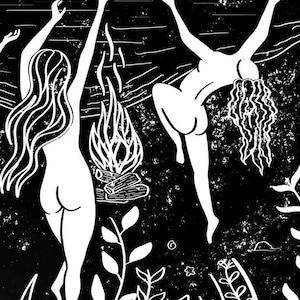 May include: Black and white illustration of two figures with long hair, reaching upwards, with a fire and foliage in the background.