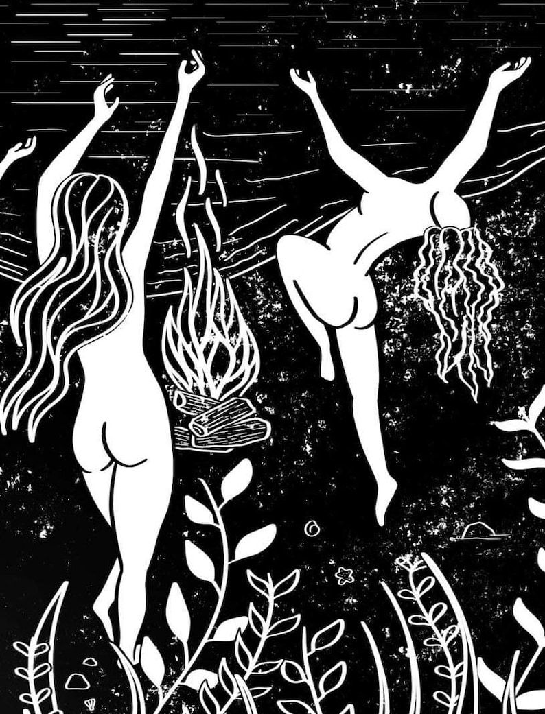 May include: Black and white illustration of two figures with long hair, reaching upwards, with a fire and foliage in the background.