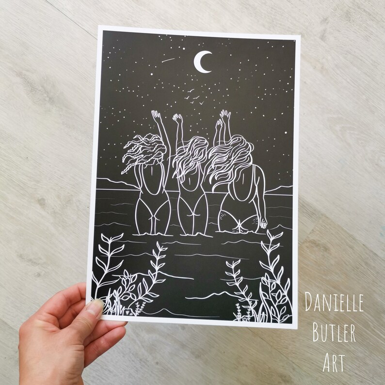 Wild zwemmen print, cadeaus voor zwemmers, oceaan kunst print, beste vriend cadeaus voor haar, vriendschap kunst print, zusterschap print, wilde vrouwen kunst afbeelding 3