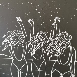Op de afbeelding: Drie vrouwen met lang haar staan in het water en reiken met hun armen naar de nachtelijke hemel. De hemel is zwart met witte sterren en een halve maan. De vrouwen dragen badpakken.
