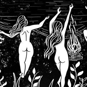 May include: Black and white illustration of three women with long hair running towards a body of water. The women are nude and their arms are raised above their heads. A small fire is burning on the shore.