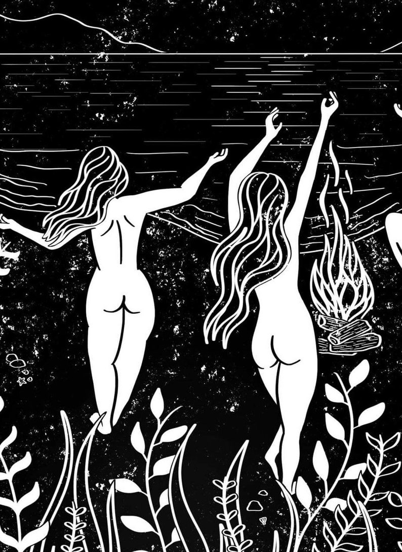 May include: Black and white illustration of three women with long hair running towards a body of water. The women are nude and their arms are raised above their heads. A small fire is burning on the shore.