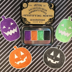 Halloween Spooky Palette ~ Handmade Watercolor Mica Set ~ Shimmer Paint of 4 Full Pans ~ Ouija Board Tin