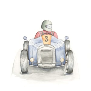 Blue Vintage Racecar Watercolor Painting Boy&#39;s Room