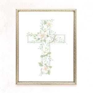 Floral Watercolor Cross Print, Custom Quote Christian Decor, Easter Religious Wall Art, Spring Flowers Painting