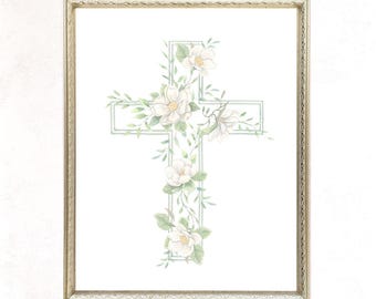 Floral Watercolor Cross Print, Custom Quote Christian Decor, Easter Religious Wall Art, Spring Flowers Painting
