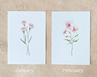 Personalised Watercolour Birth Flower Print, Minimalist Wall Art, Custom Floral Gift For Her, A4