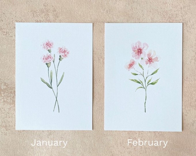 Watercolor Birth Month Flower Prints - Personalized Art Gift - Botanical Wall Decor - Minimalist Floral Illustrations -