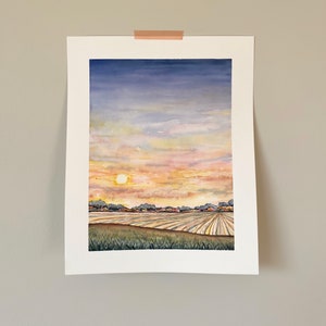 Harvest Sunset - Midwest Collection Watercolor Landscape Farm Painting Country Life