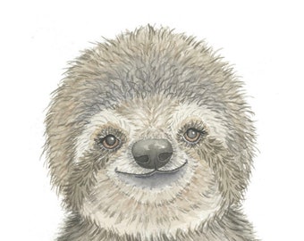 Sloth - Wild Animals Watercolor Sloth Art Sloth Painting Nursery Art Boys Room Decor