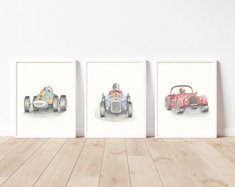 Vintage Racecars Set of 3 Watercolor Painting Boy's Room