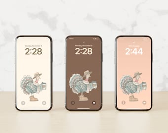 Digital Fall November Thanksgiving Phone Background Cute Watercolor Turkey Holding Coffee
